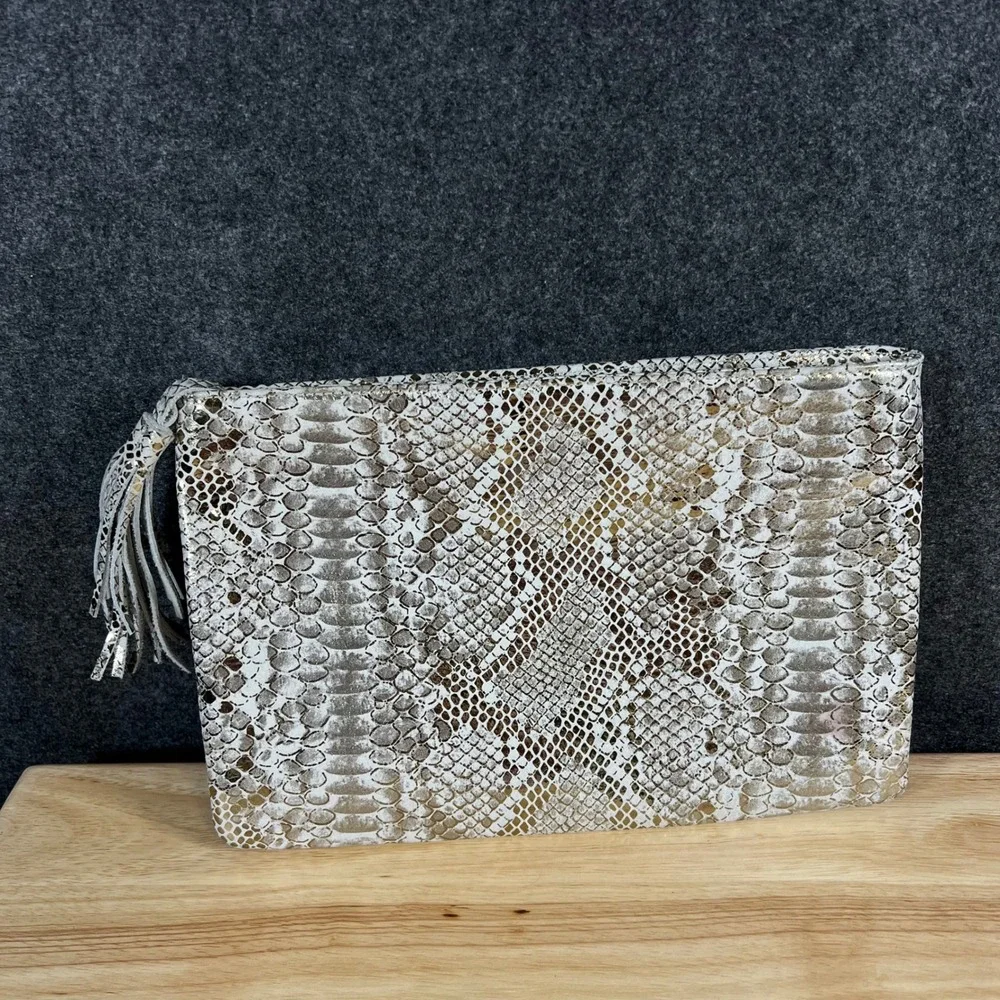 Channing Snakeskin Embossed Tassel Clutch Bag Metallic Gold Cream 12x8